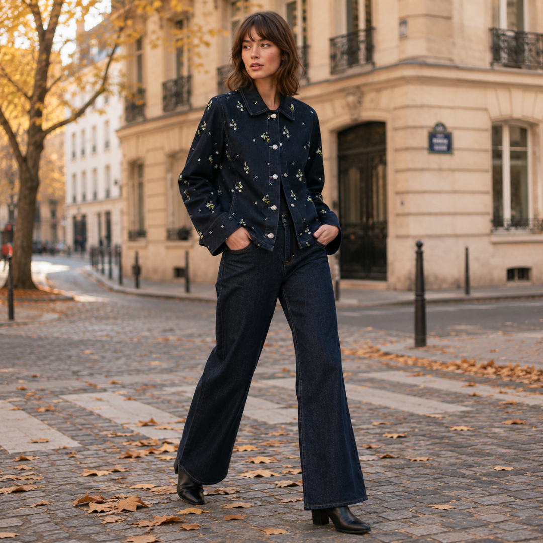 Veste femme courte bleu foncé brodée de fleurs, col chemise et fermeture boutonnée