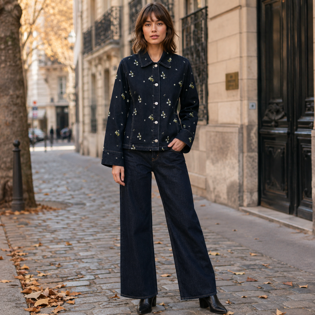 Veste bleu foncé de face, broderies fleuries claires et surpiqûres apparentes