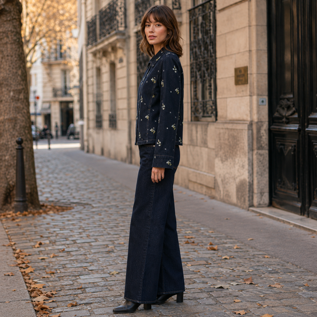 Profil de la veste courte bleu foncé, manches longues et poignet fendu brodé
