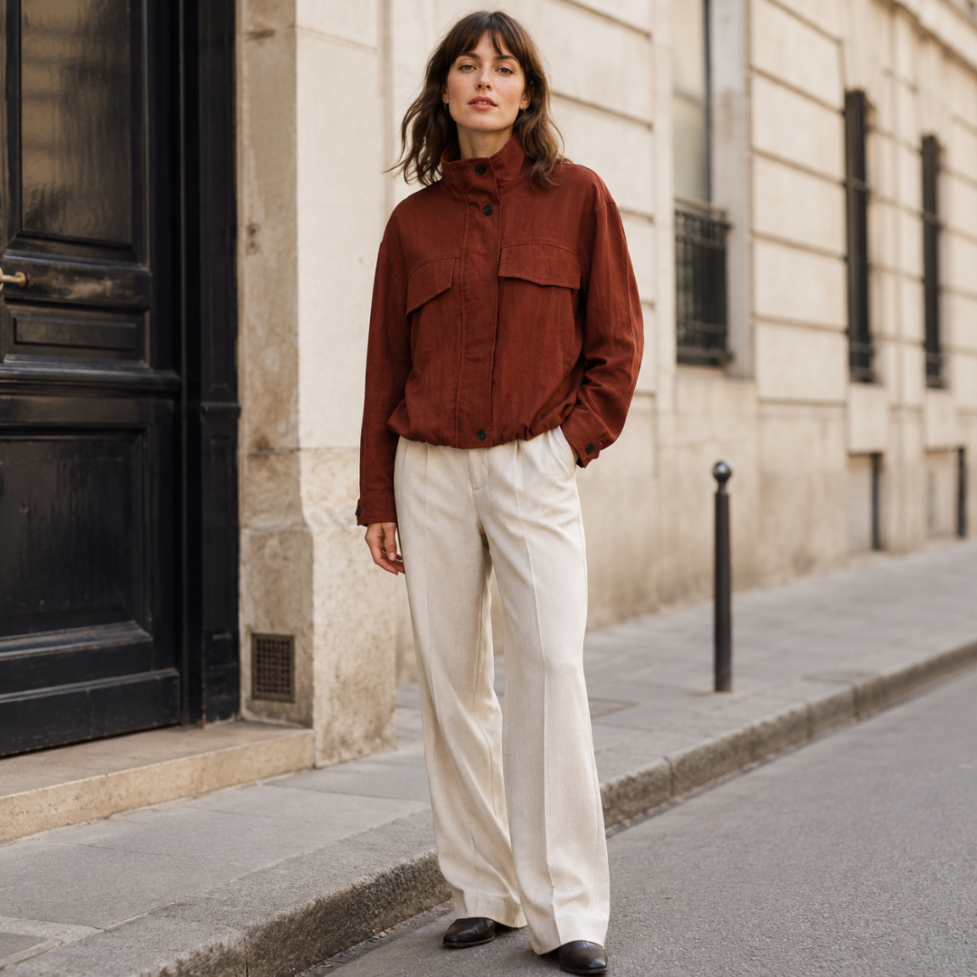 Veste courte marron à col montant boutonné portée avec un pantalon large clair