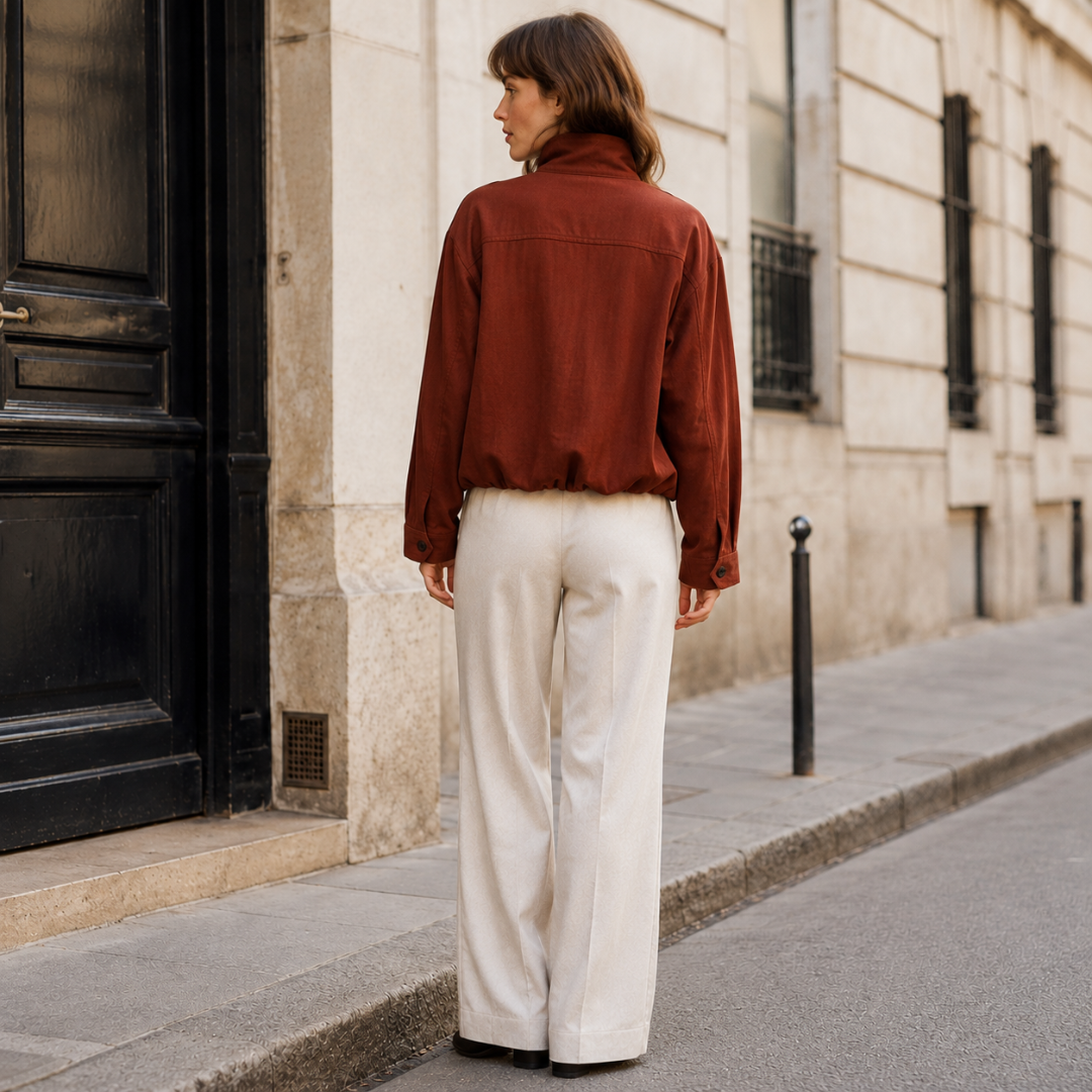 Dos de la veste femme marron avec découpe d'épaules et bas resserré