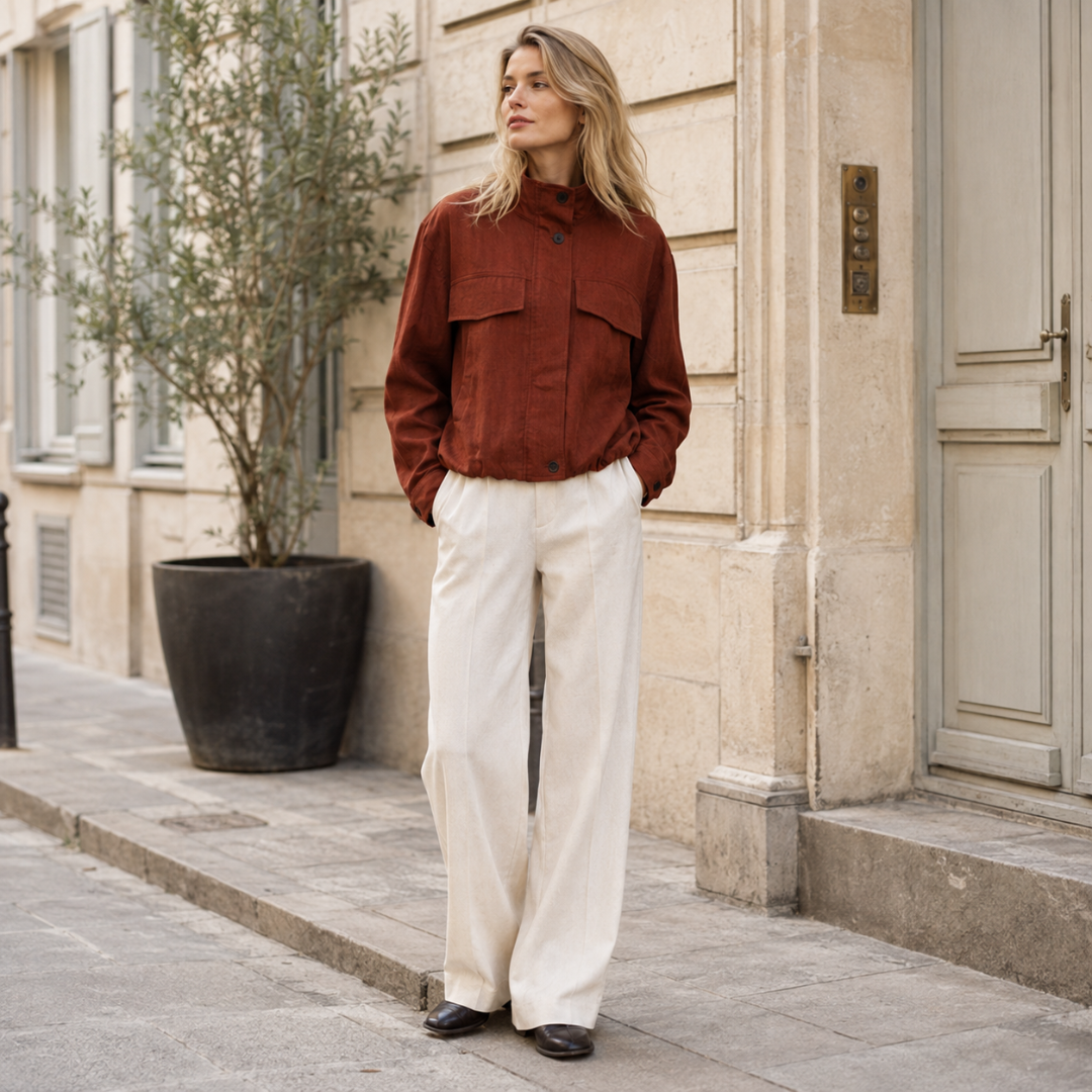Veste courte marron col montant boutonné, deux poches à rabat, mains dans les poches
