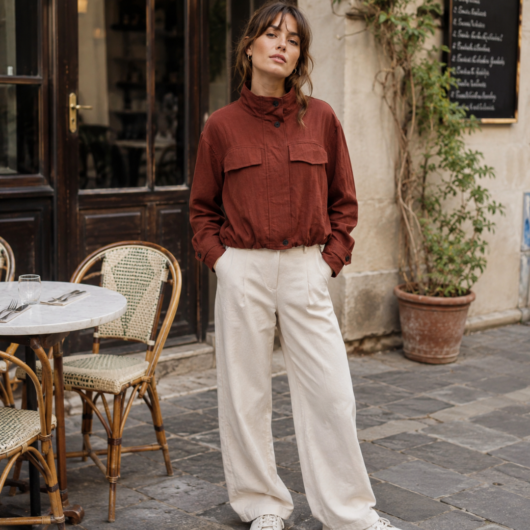 Veste courte marron col relevé, portée en terrasse avec un pantalon large beige