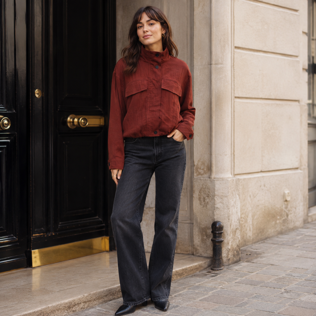 Veste femme marron associée à un pantalon foncé, poignets à bouton visibles