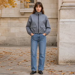 Veste courte grise à carreaux, col montant zippé, portée avec un pantalon droit