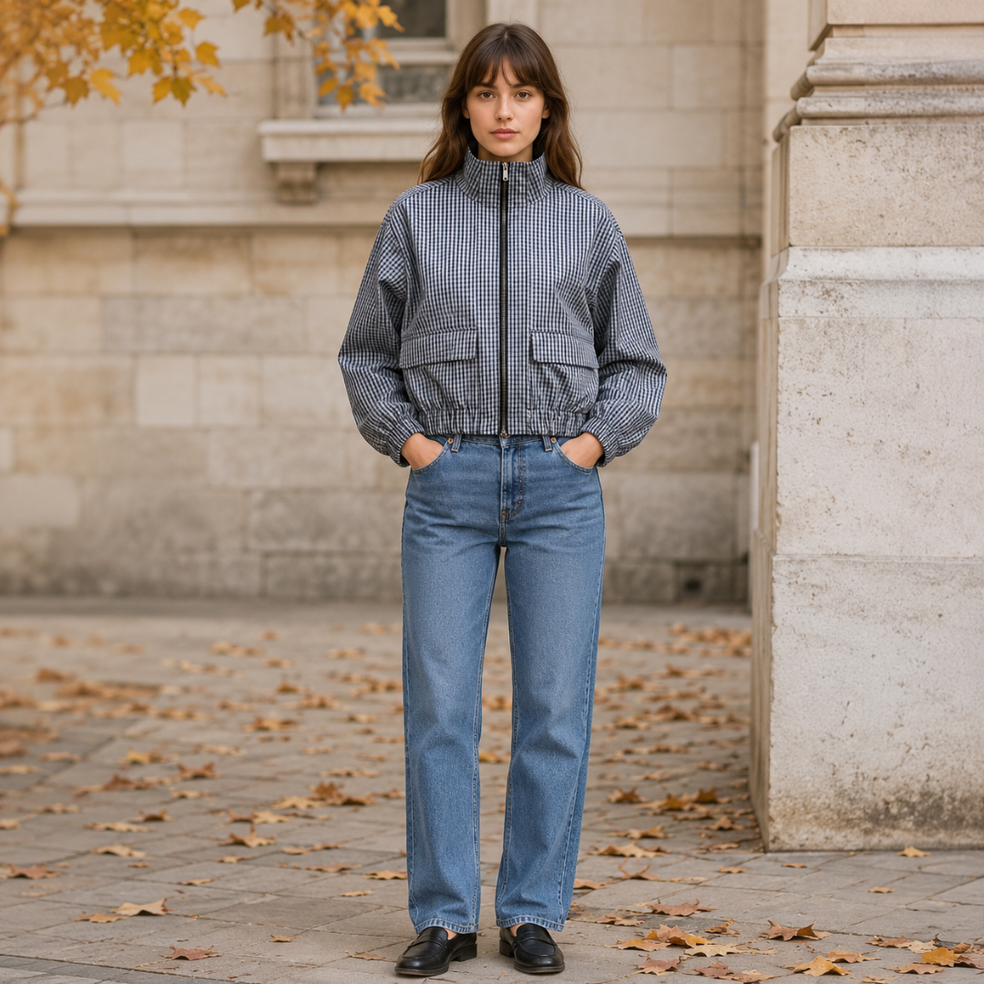 Veste courte grise à carreaux, col montant zippé, portée avec un pantalon droit