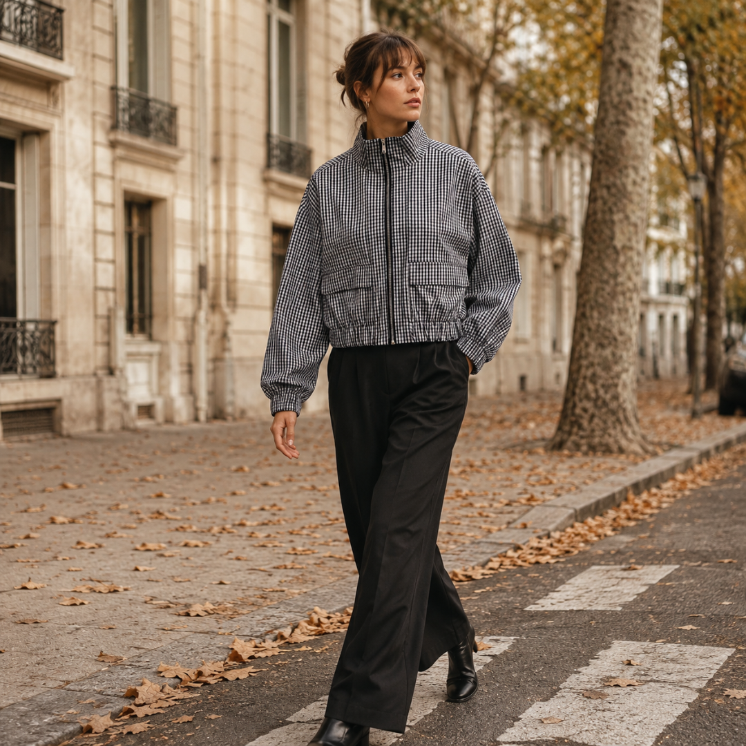 Veste courte grise à carreaux en mouvement, épaules tombantes et taille resserrée