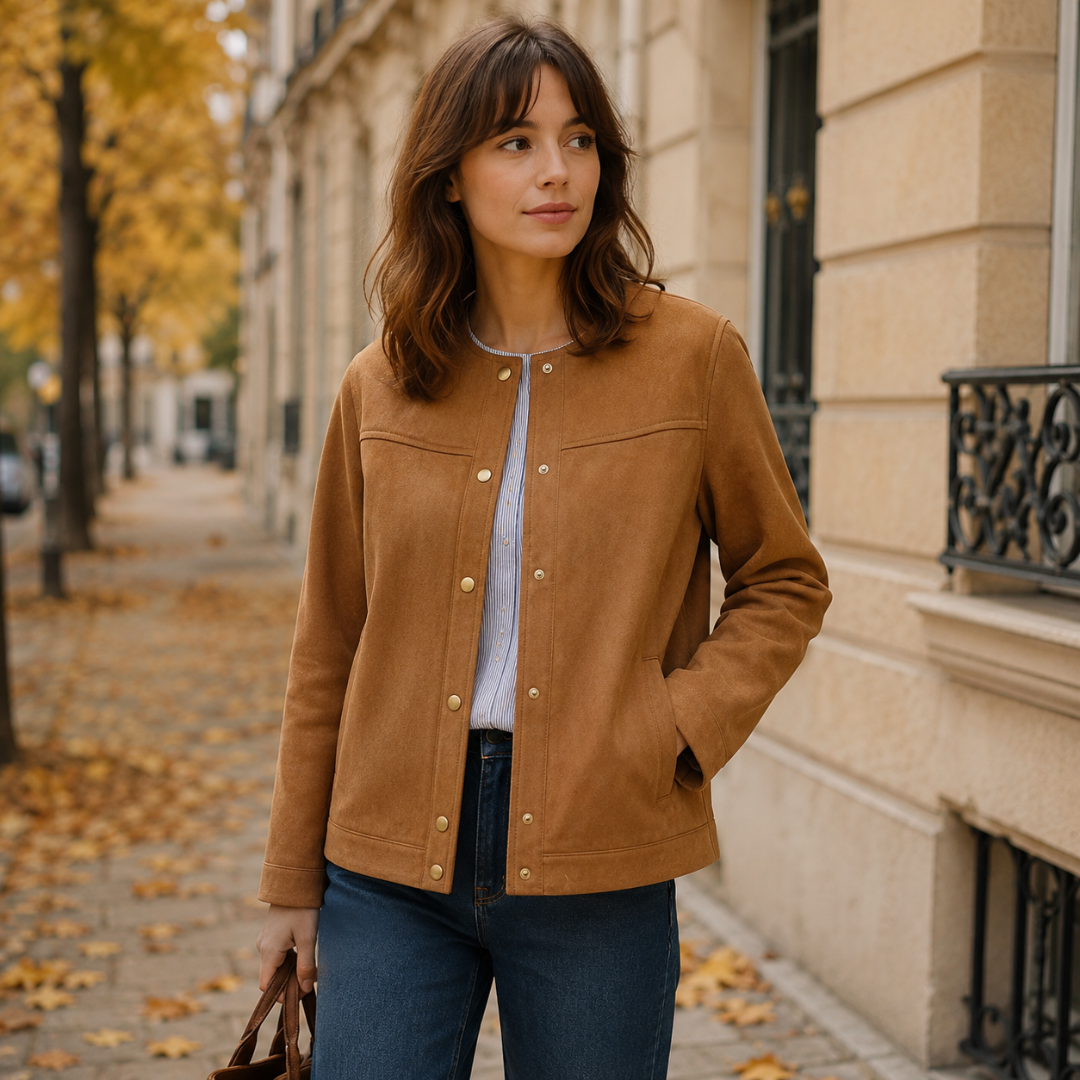 Veste femme courte marron ouverte sur chemise rayée, boutons pression dorés, rue automnale