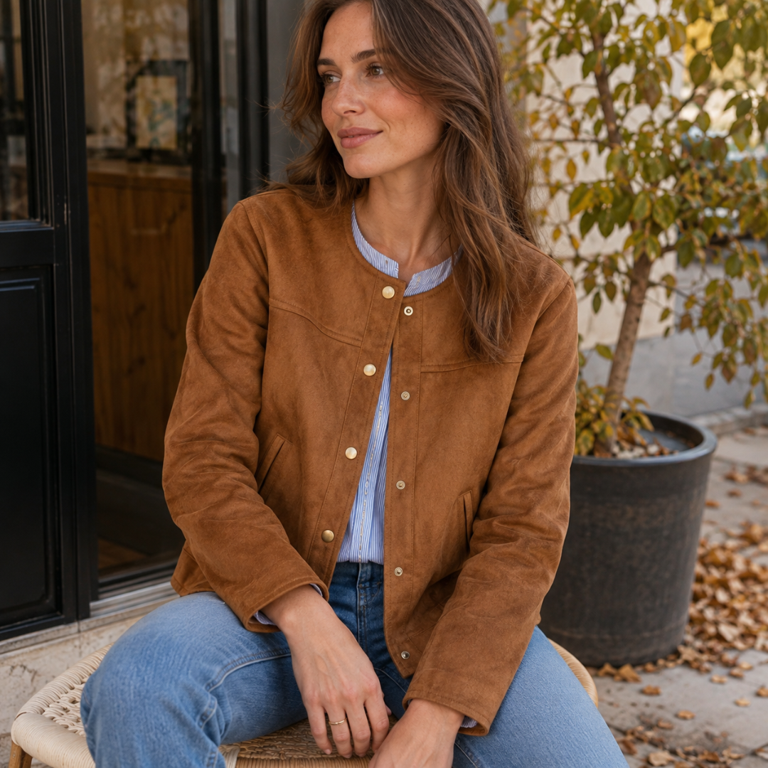 Femme assise en veste marron ouverte sur chemise rayée et pantalon bleu clair