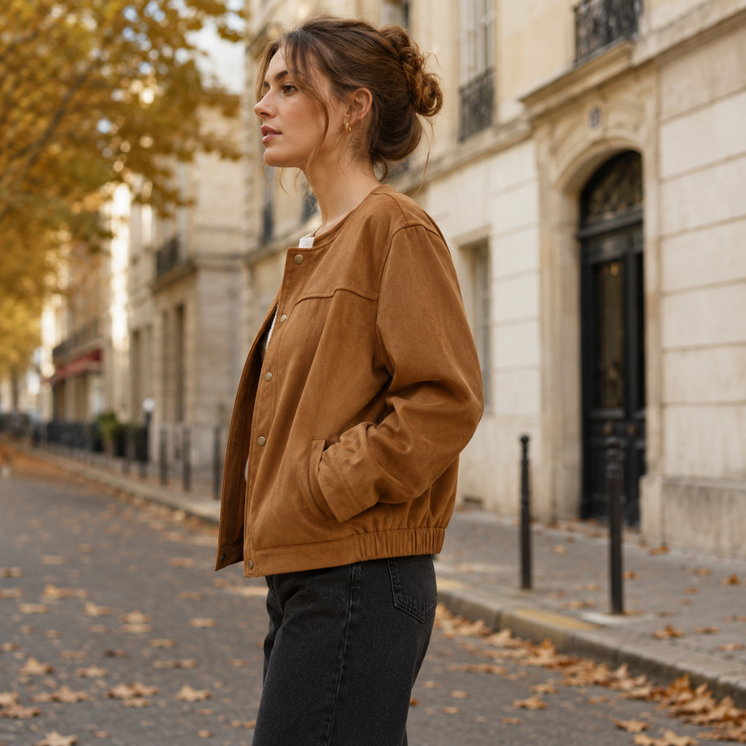 Vue de profil de la veste courte marron, bas resserré et poche latérale discrète