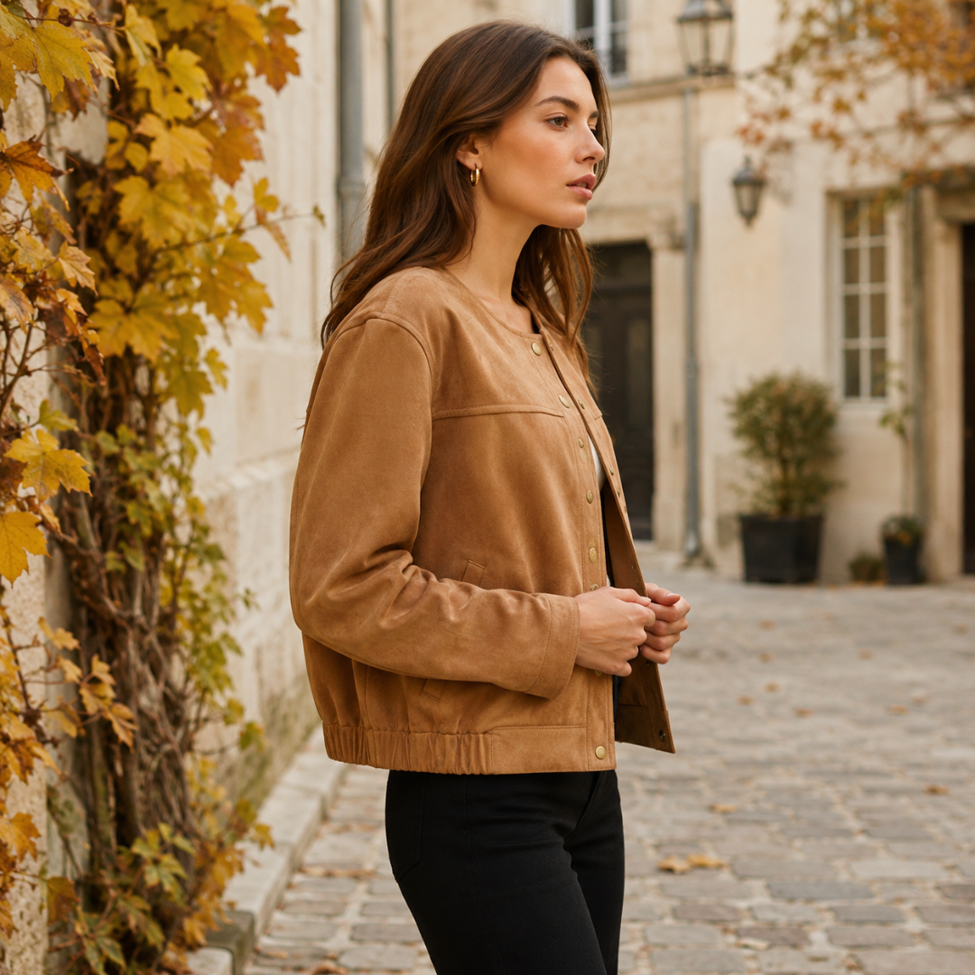 Veste marron portée de côté, manches longues amples et découpe horizontale sur le buste