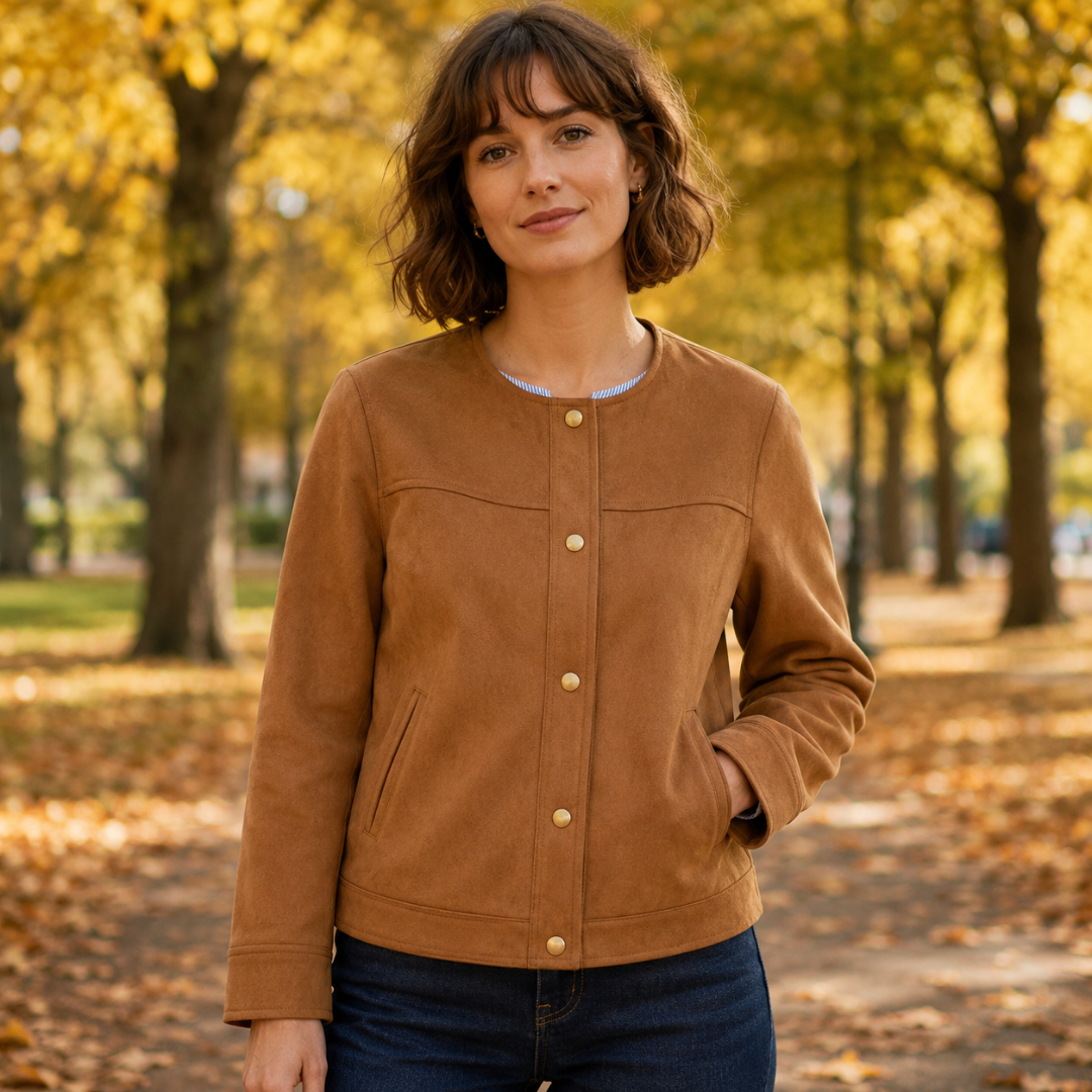 Veste courte marron fermée par boutons pression dorés, vue de face en pleine lumière