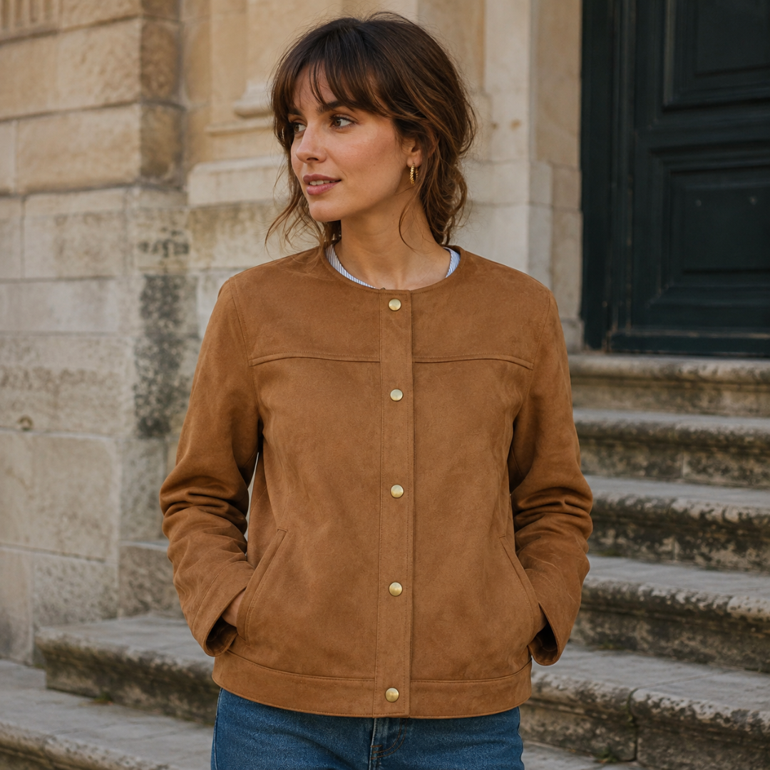 Veste marron boutonnée avec mains dans les poches, col rond et découpe poitrine