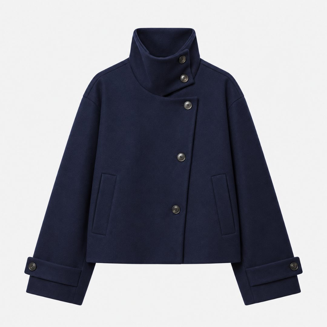 Veste femme courte bleu foncé, coupe boxy et manches larges à poignets boutonnés