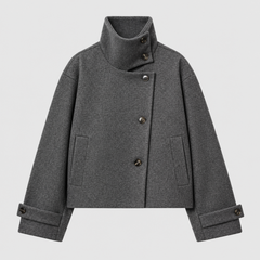 Veste femme courte gris foncé chiné, col montant croisé et épaules tombantes