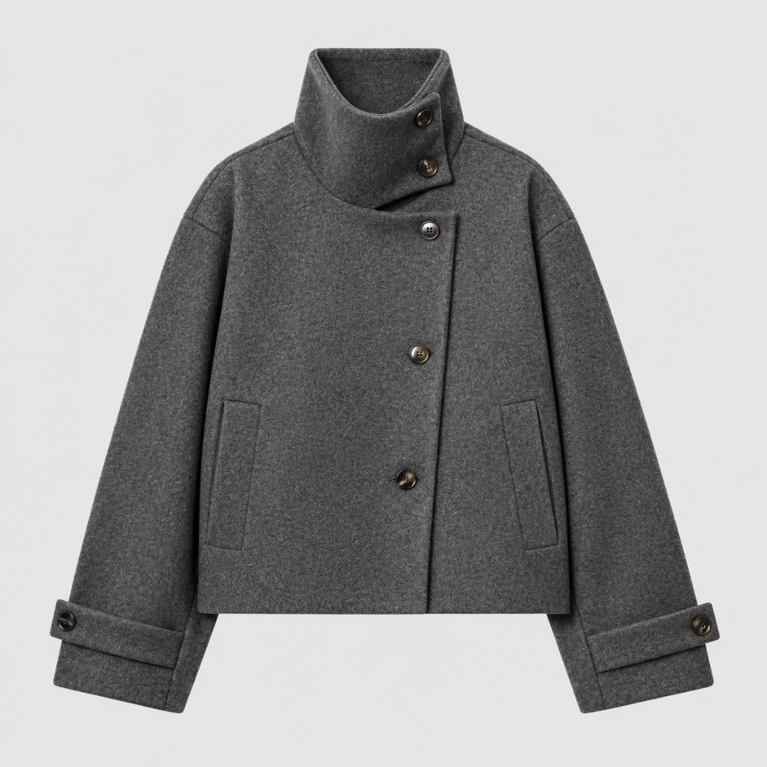 Veste femme courte gris foncé chiné, col montant croisé et épaules tombantes