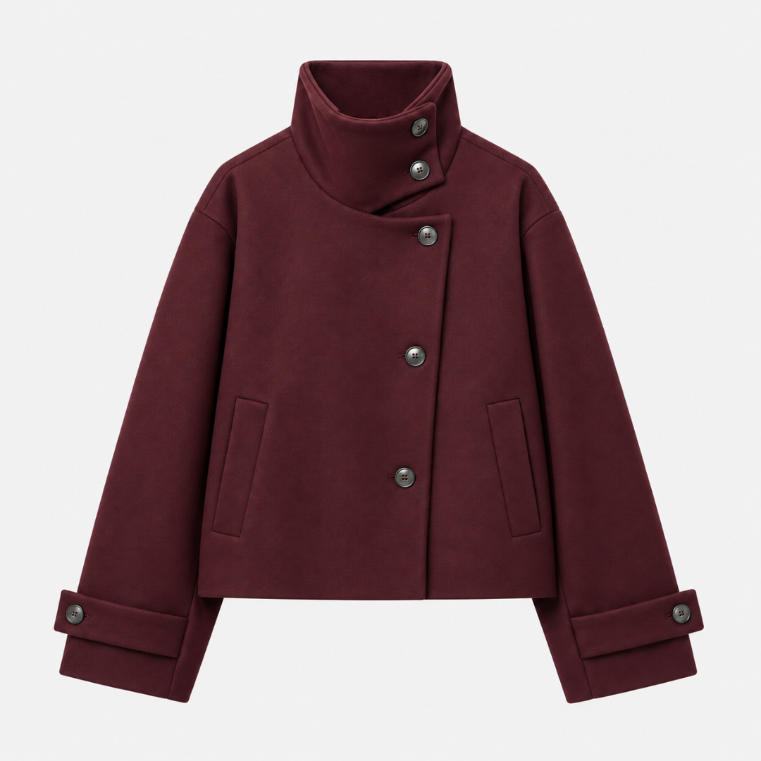 Veste femme courte marron foncé, col montant et boutonnage asymétrique, vue de face