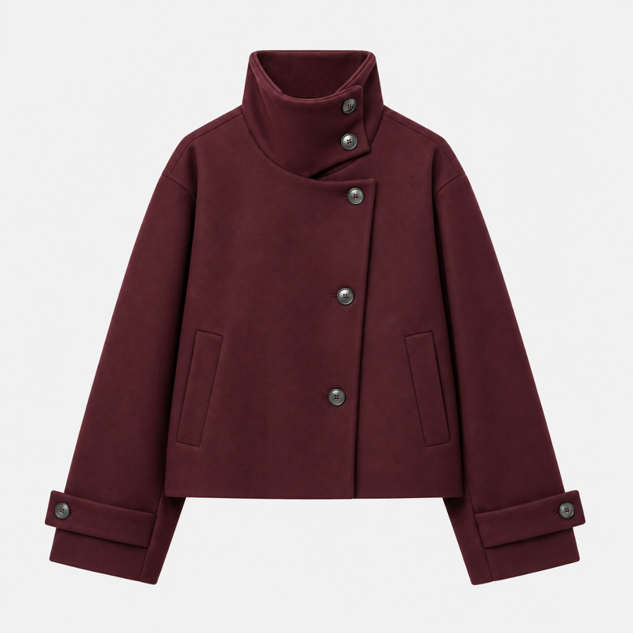 Veste femme courte marron foncé, col montant et boutonnage asymétrique, vue de face