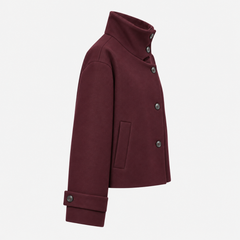Veste femme courte marron foncé vue de profil droit, poche verticale discrète