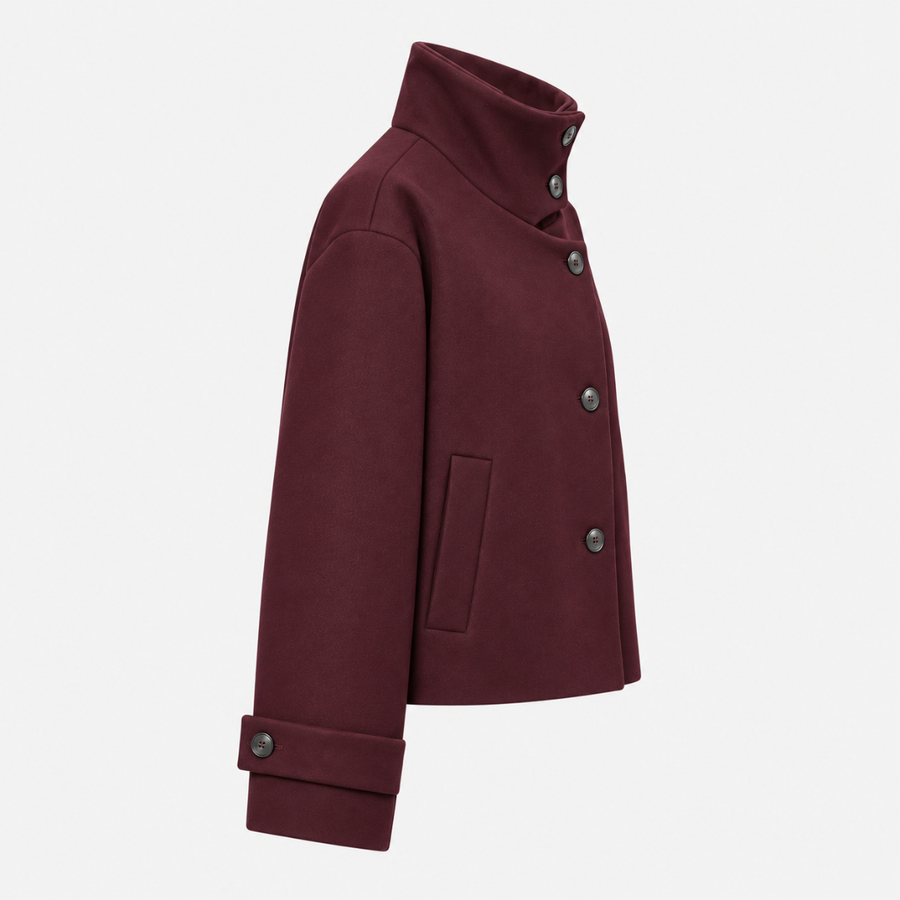 Veste femme courte marron foncé vue de profil droit, poche verticale discrète