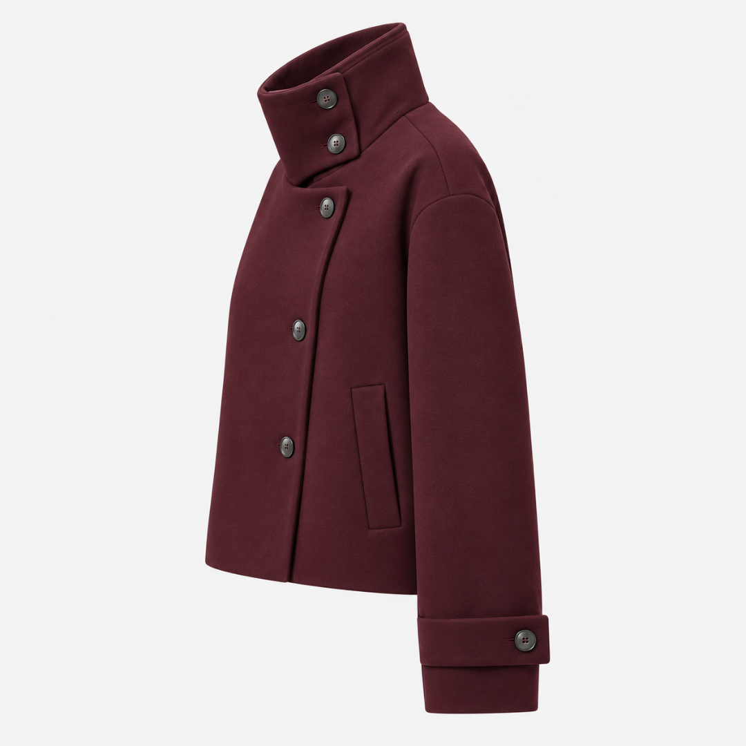 Veste femme courte marron foncé de profil gauche, manche ample et poignet boutonné