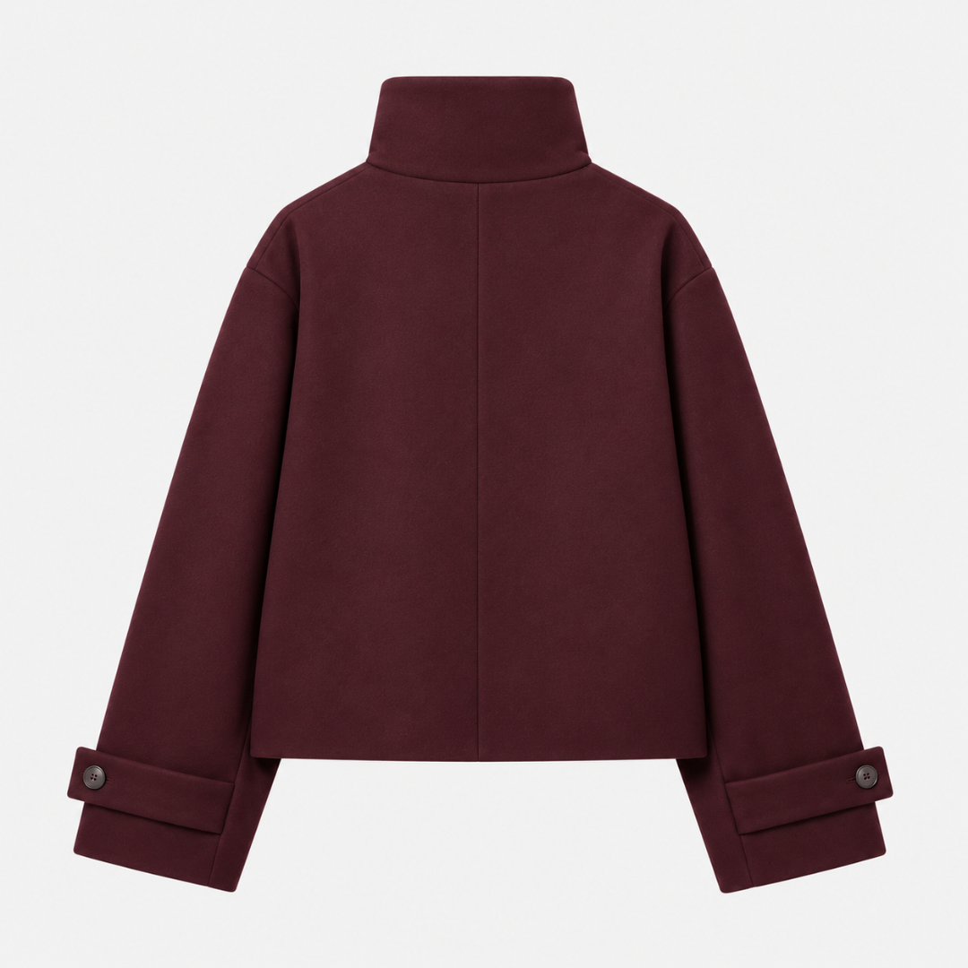 Veste femme courte marron foncé vue de dos, couture centrale et col haut