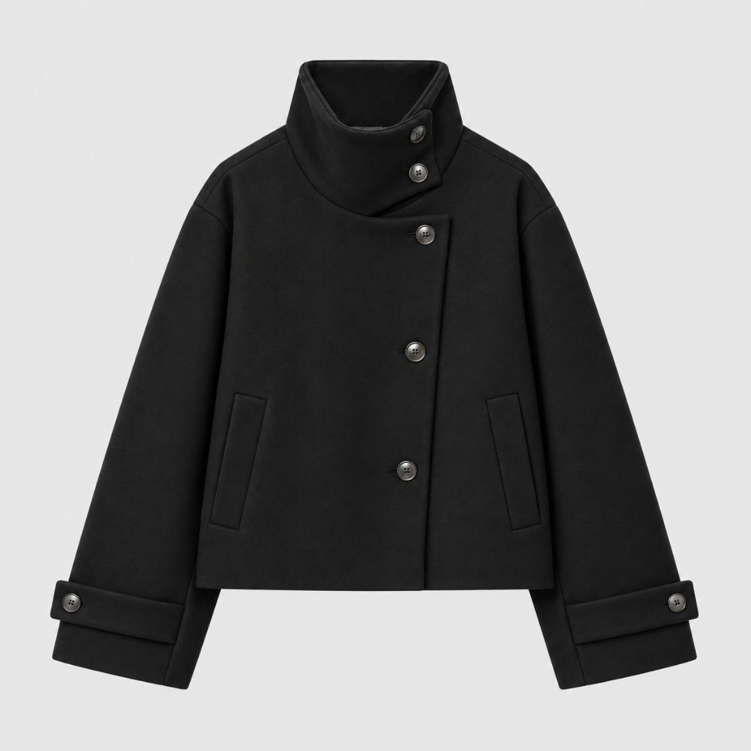 Veste femme courte noire, col montant boutonné et poignets à patte, vue de face