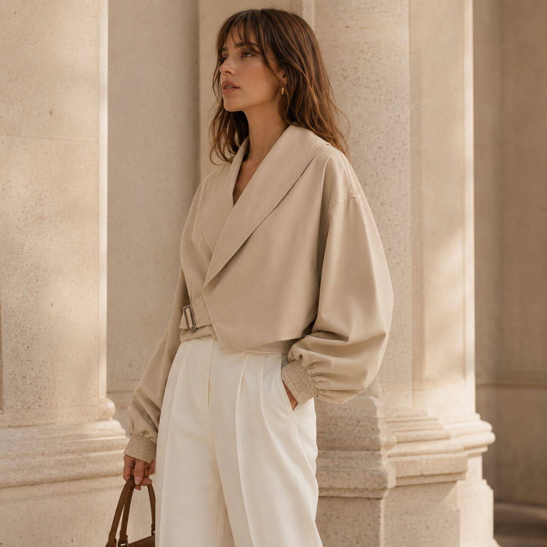 Veste beige oversize de profil, manches ballon volumineuses et poignets resserrés