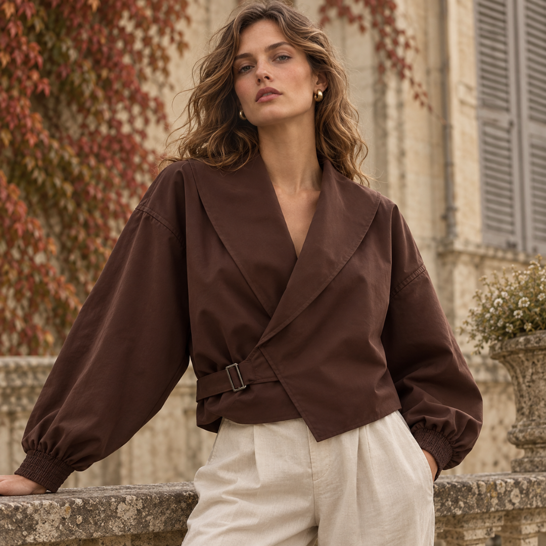Veste marron à manches ballon et poignets élastiqués, croisé fermé par une boucle