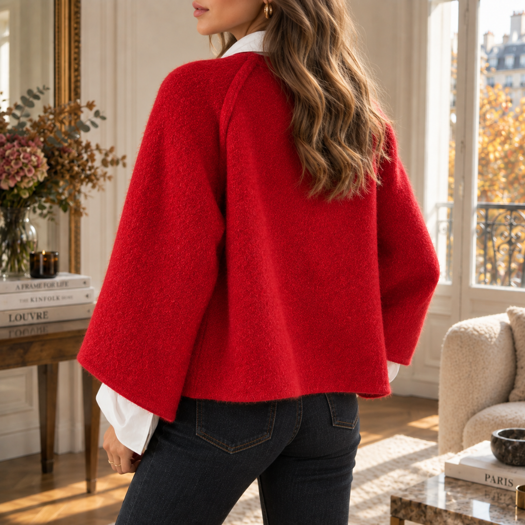 Dos de la veste femme courte rouge, coupe droite et manches larges