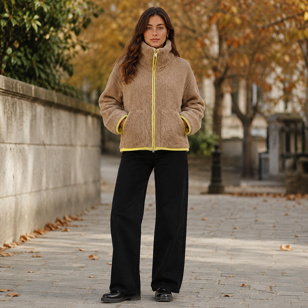 Veste beige effet peluche entièrement zippée, col montant et passepoils jaunes contrastés