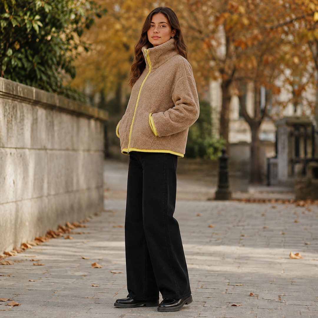 Vue de profil de la veste beige moelleuse, poche passepoilée jaune et manches longues
