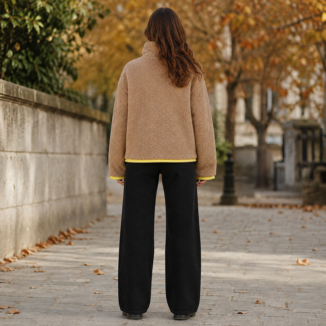 Dos de la veste beige texturée avec finition jaune sur les poignets et l'ourlet