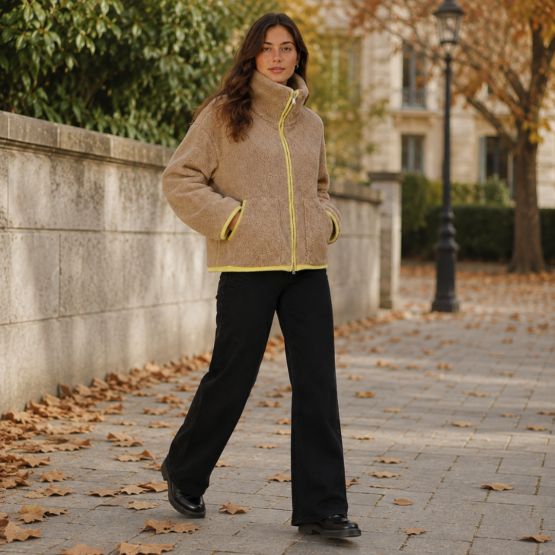 Veste beige courte fermée par son zip jaune, portée avec un pantalon large noir