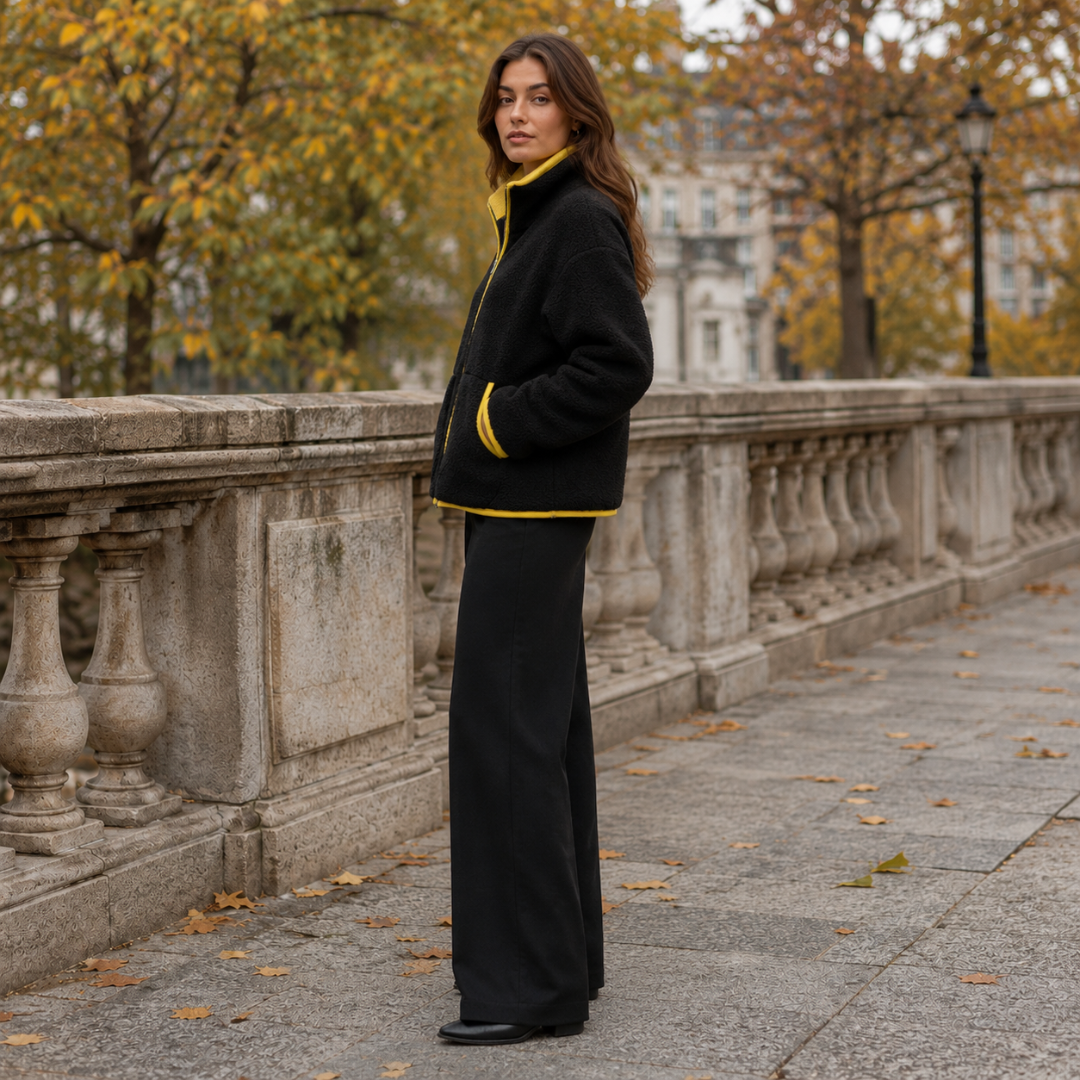 Profil de la veste noire moelleuse, ourlet et poche soulignés d'un passepoil jaune