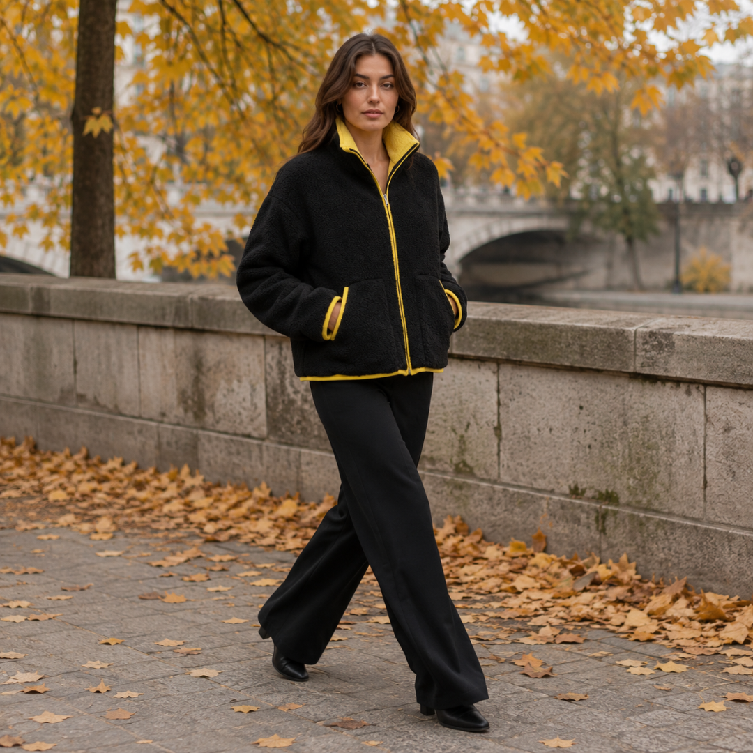 Veste noire zippée en marche, col relevé jaune et poches passepoilées contrastées