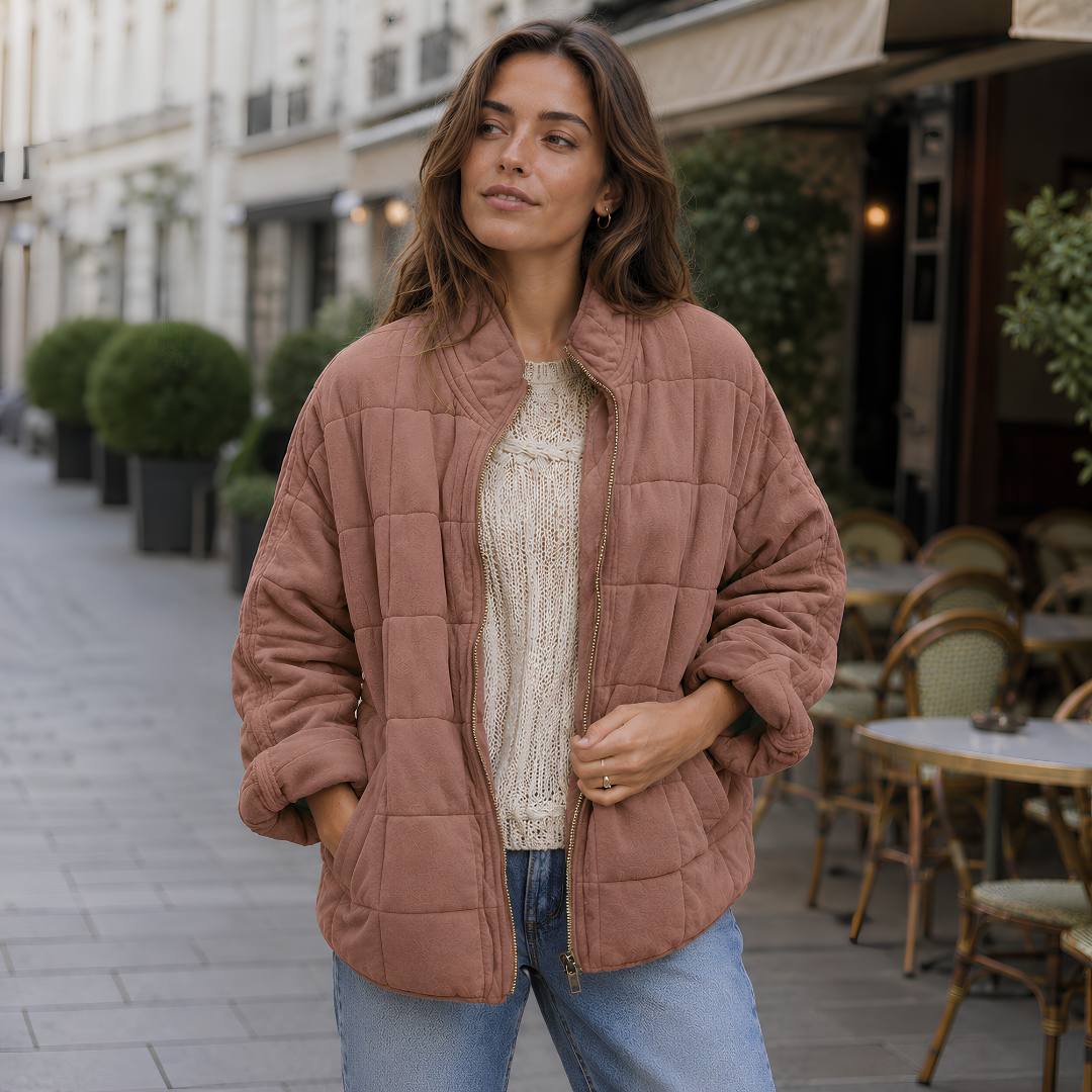 Veste matelassée marron rosé à col montant et surpiqûres en larges carrés
