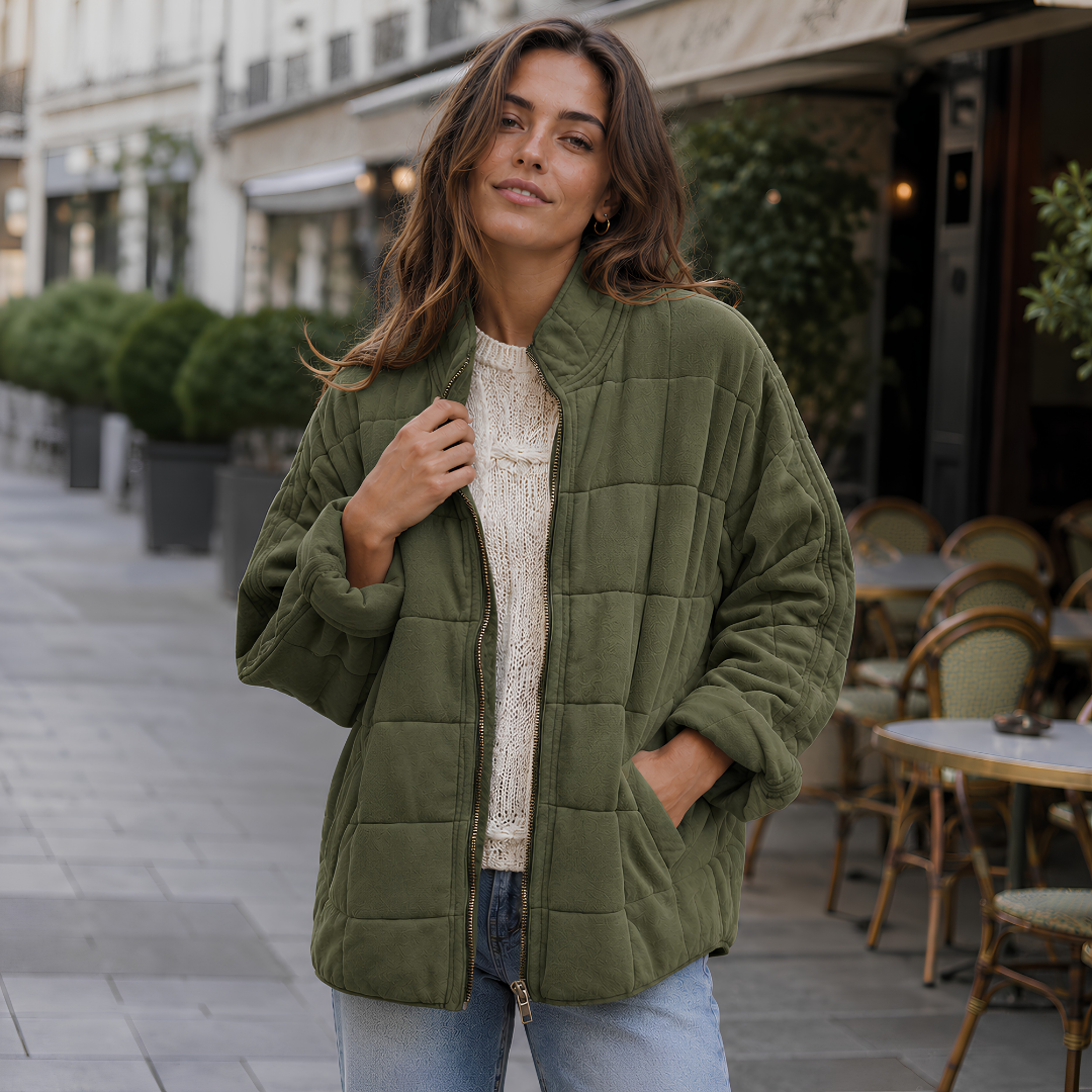 Veste matelassée vert armée à col montant et fermeture zippée dorée
