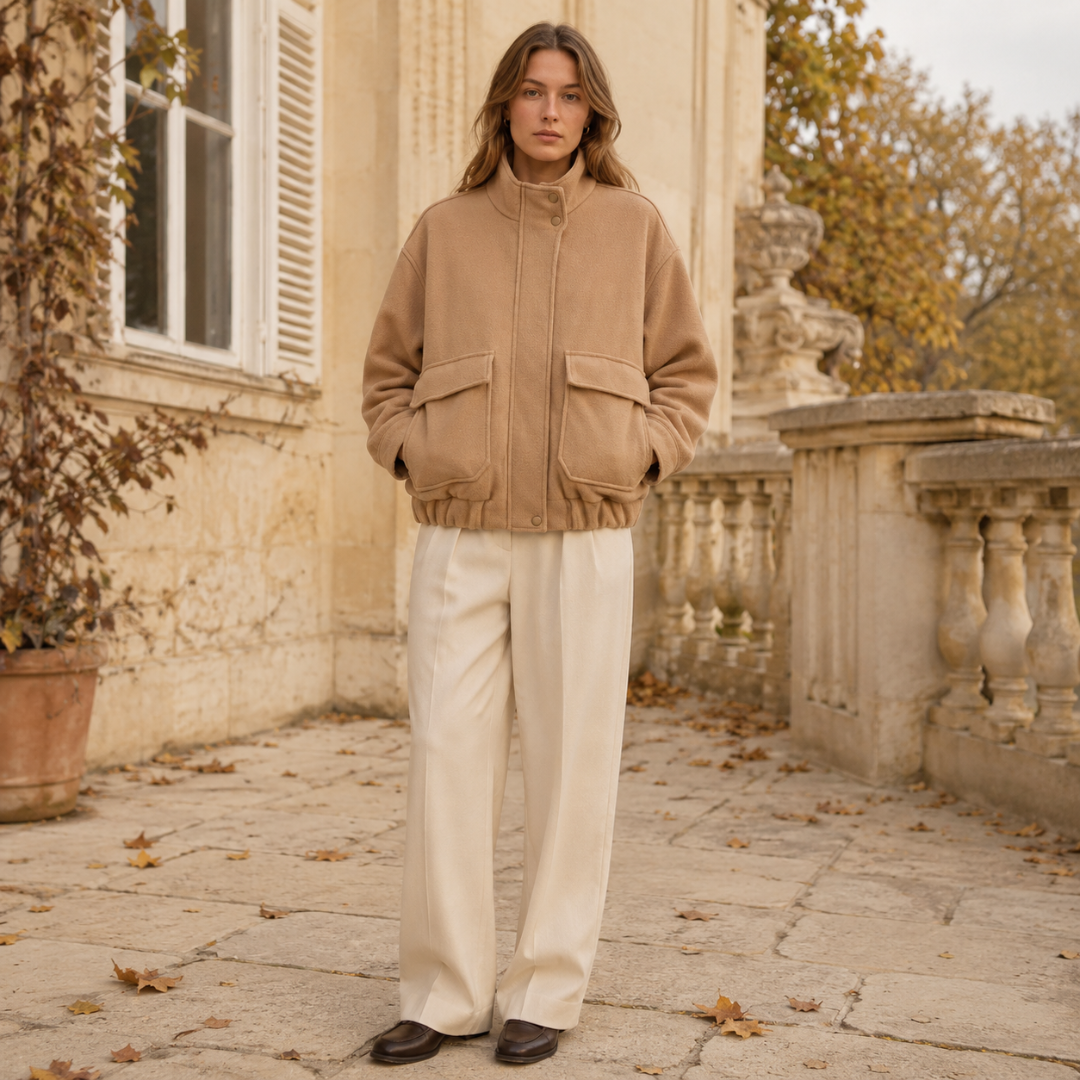 Veste femme oversize beige à col montant boutonné et poches à rabat, vue de face