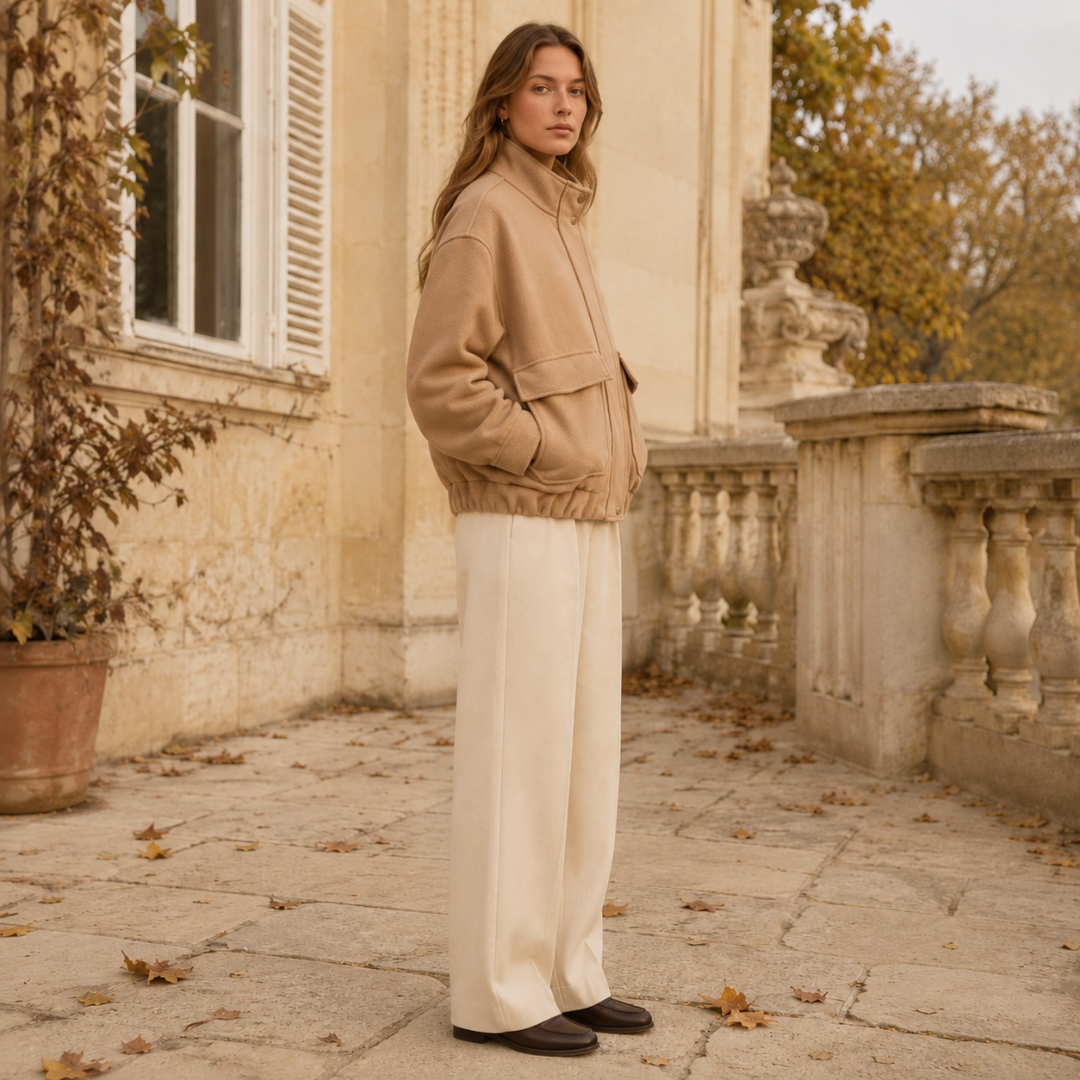Veste beige oversize de profil, épaules tombantes et bas élastiqué sur pantalon large