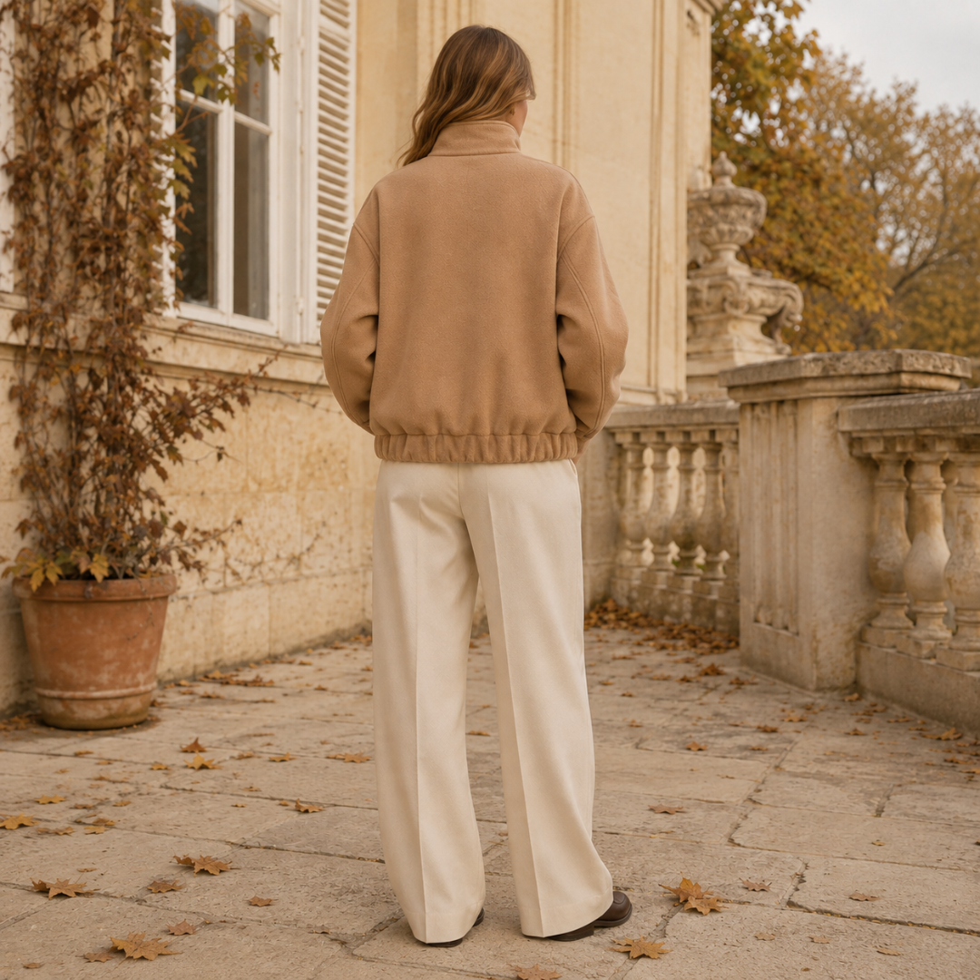 Dos de la veste femme beige, coupe ample et taille resserrée par élastique