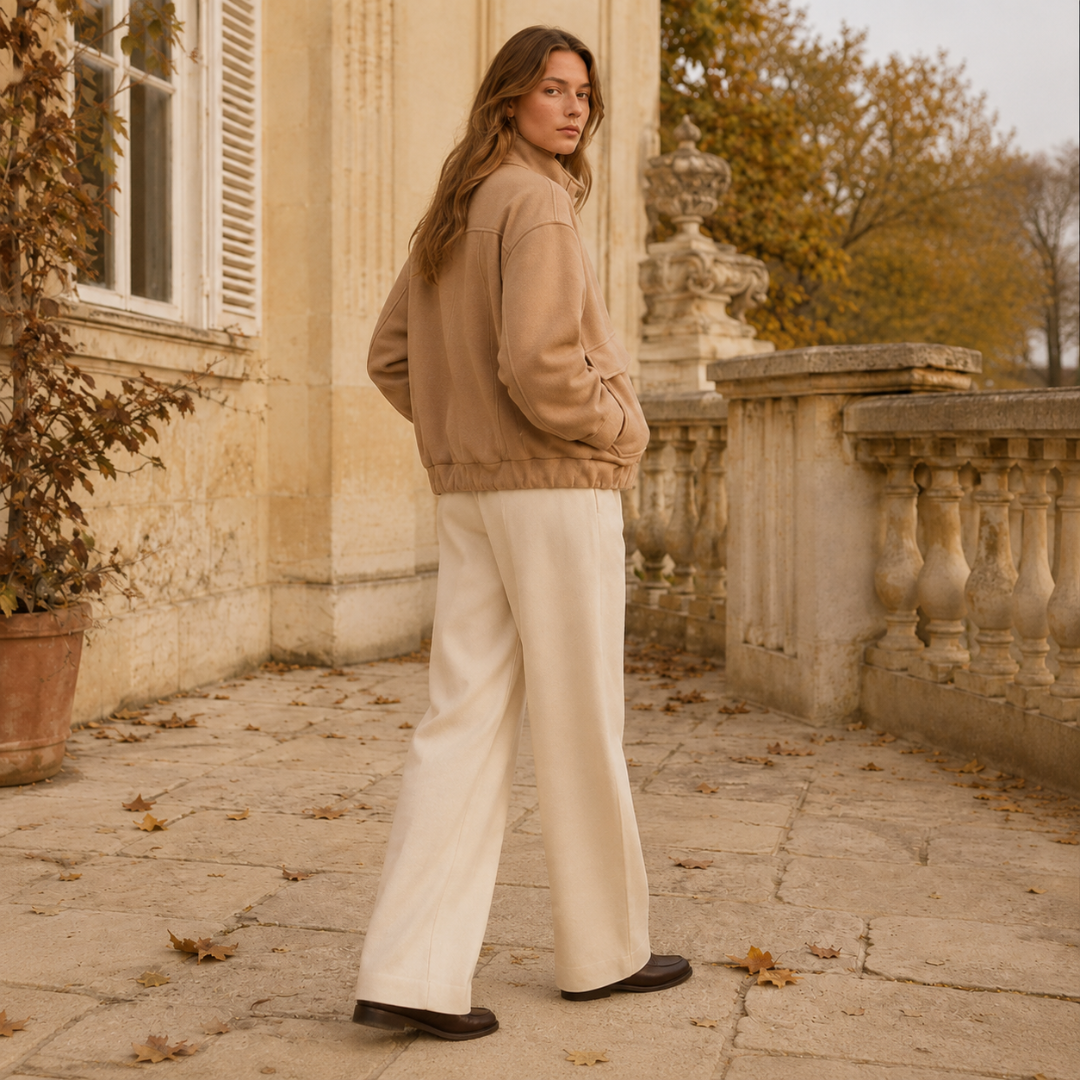 Veste beige vue de trois quarts dos, manches longues et volume généreux