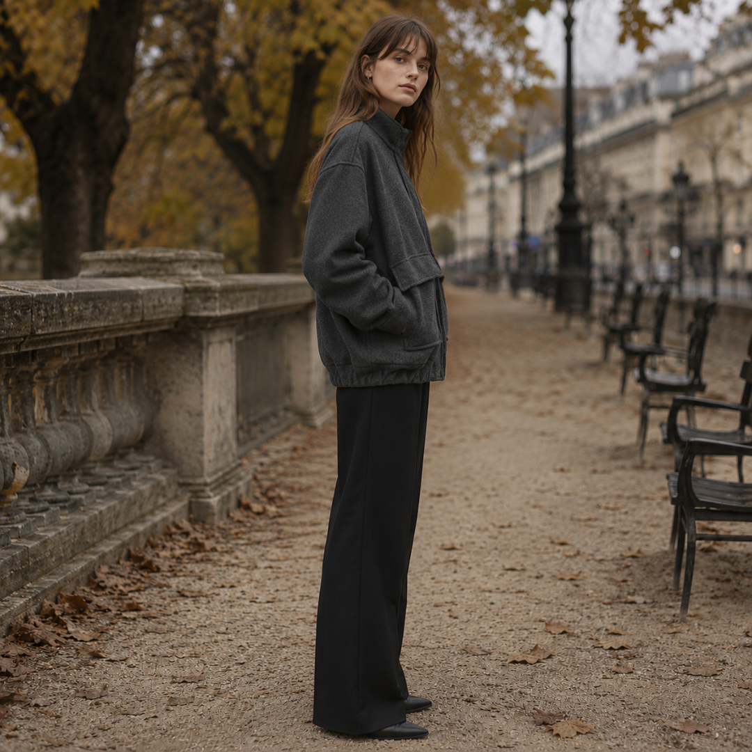 Veste gris foncé de profil, ligne blouson et bas élastiqué sur pantalon noir