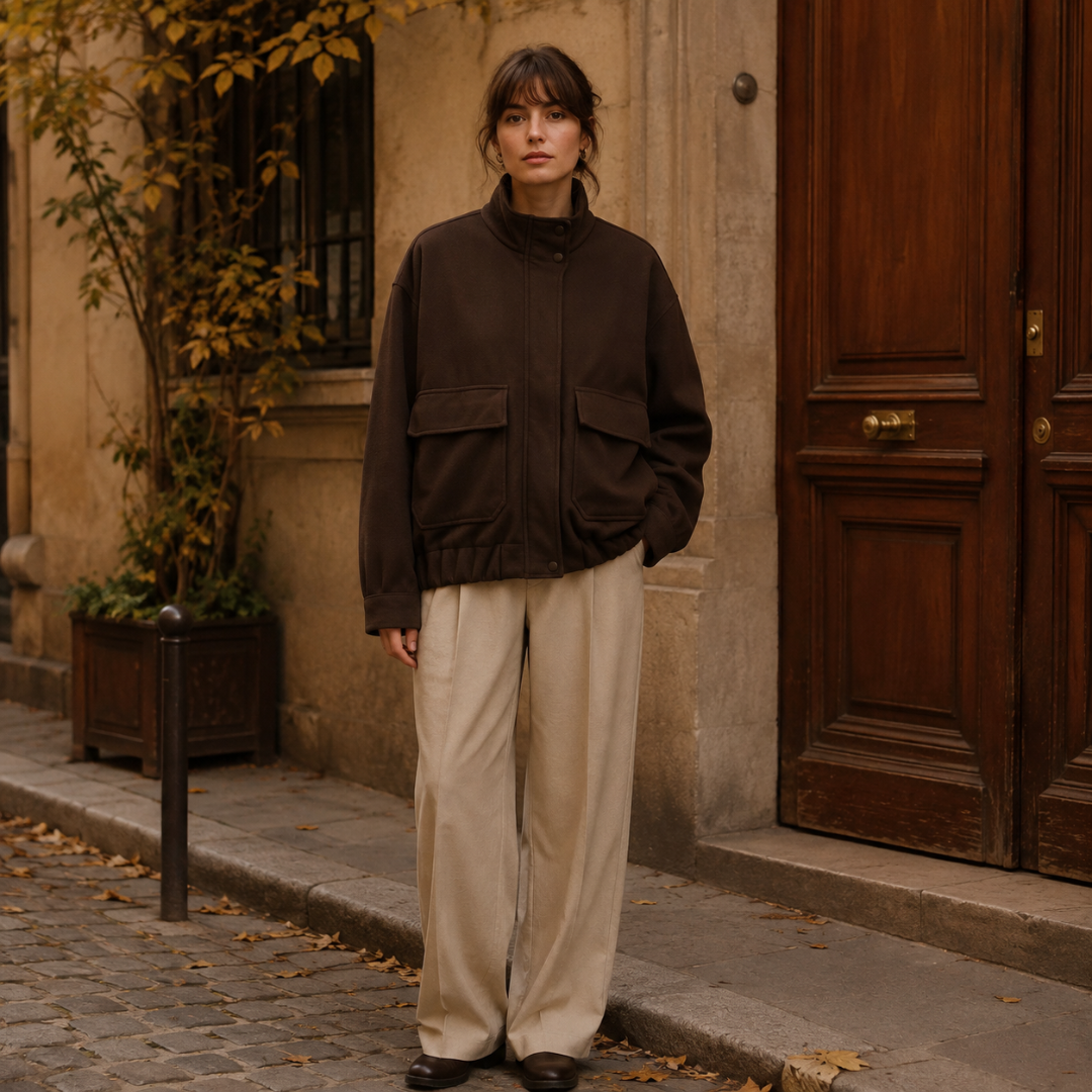 Veste femme oversize marron foncé à col montant, poches à rabat, vue de face