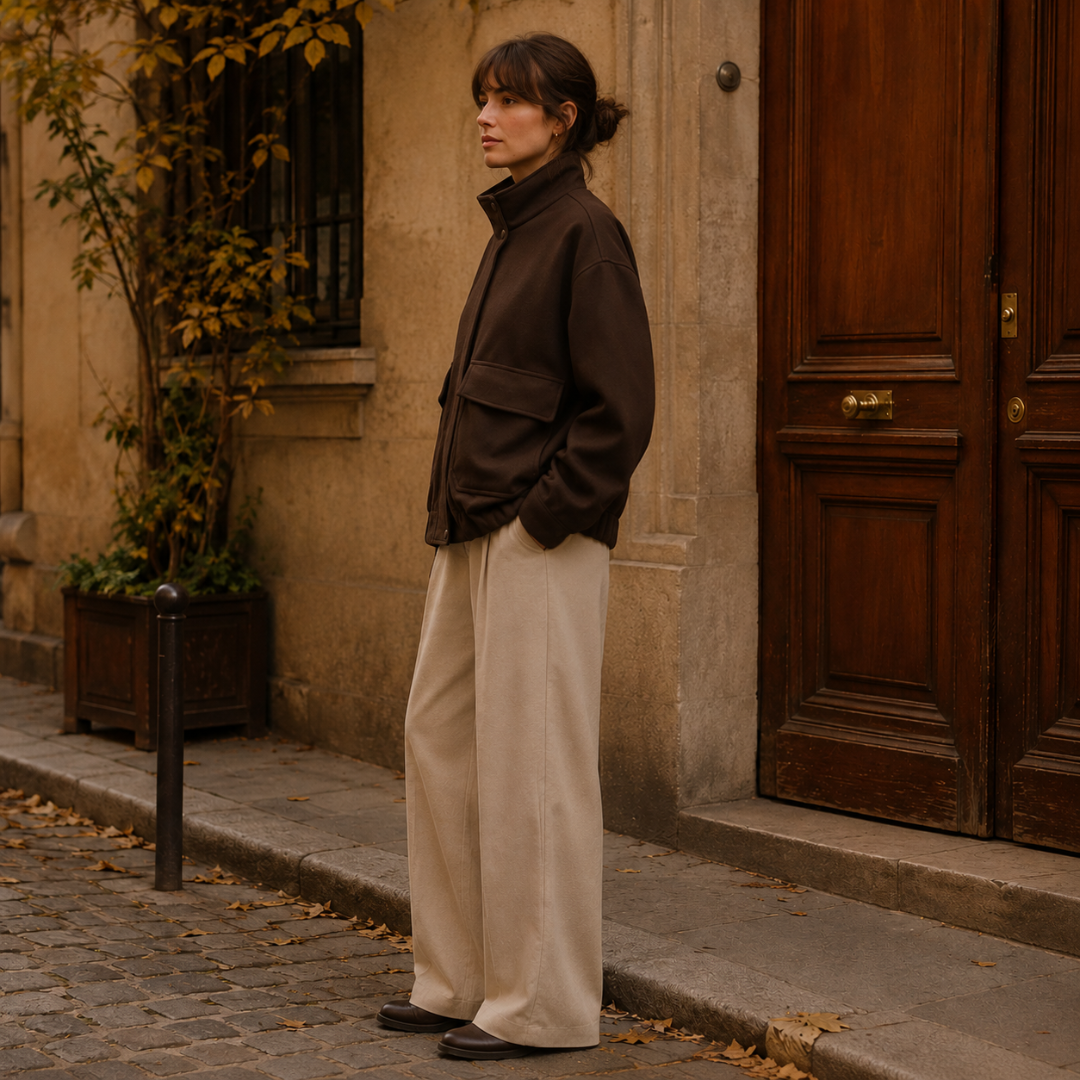 Veste marron de profil, manches longues amples et bas resserré, allure urbaine