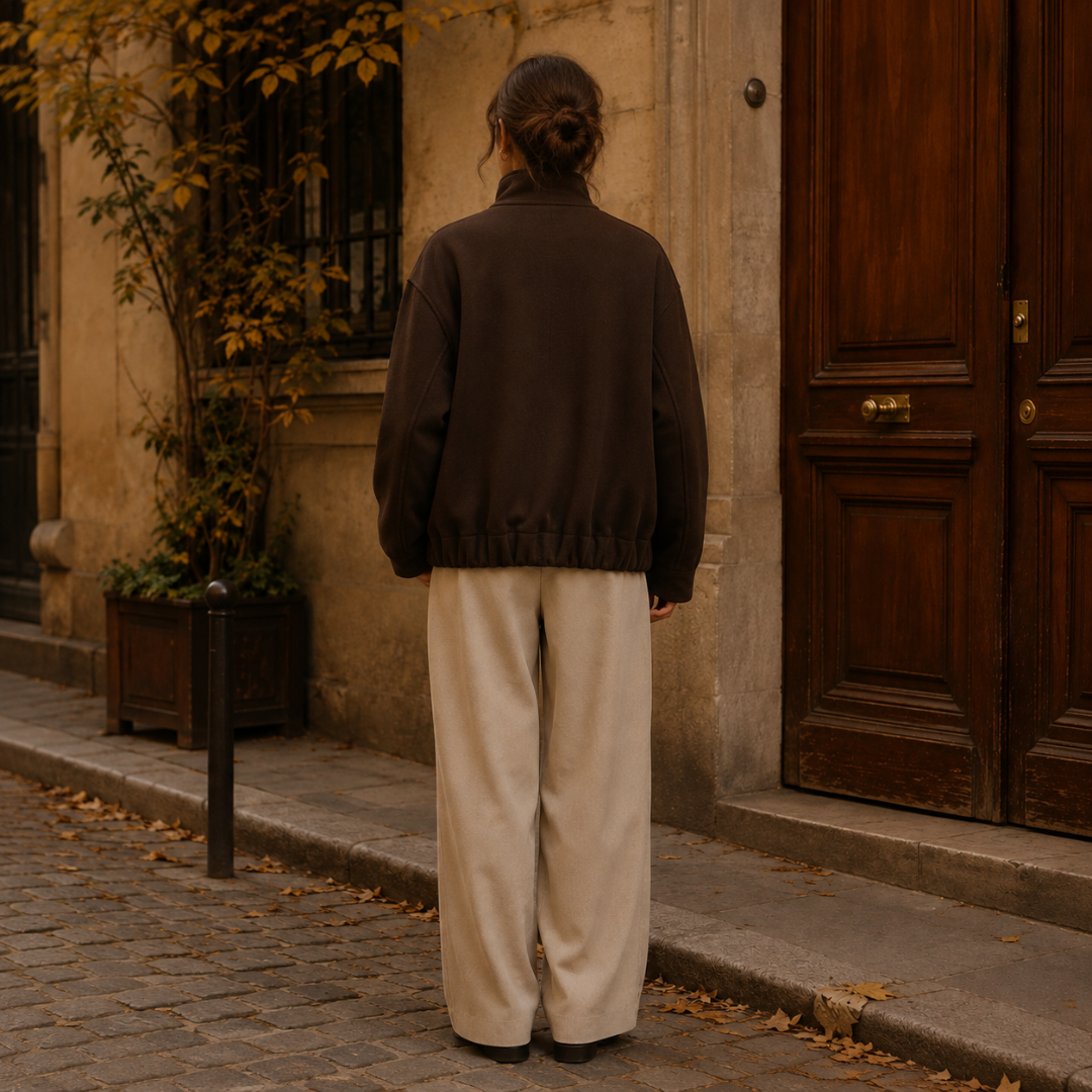 Dos de la veste marron oversize, découpes aux épaules et taille élastiquée