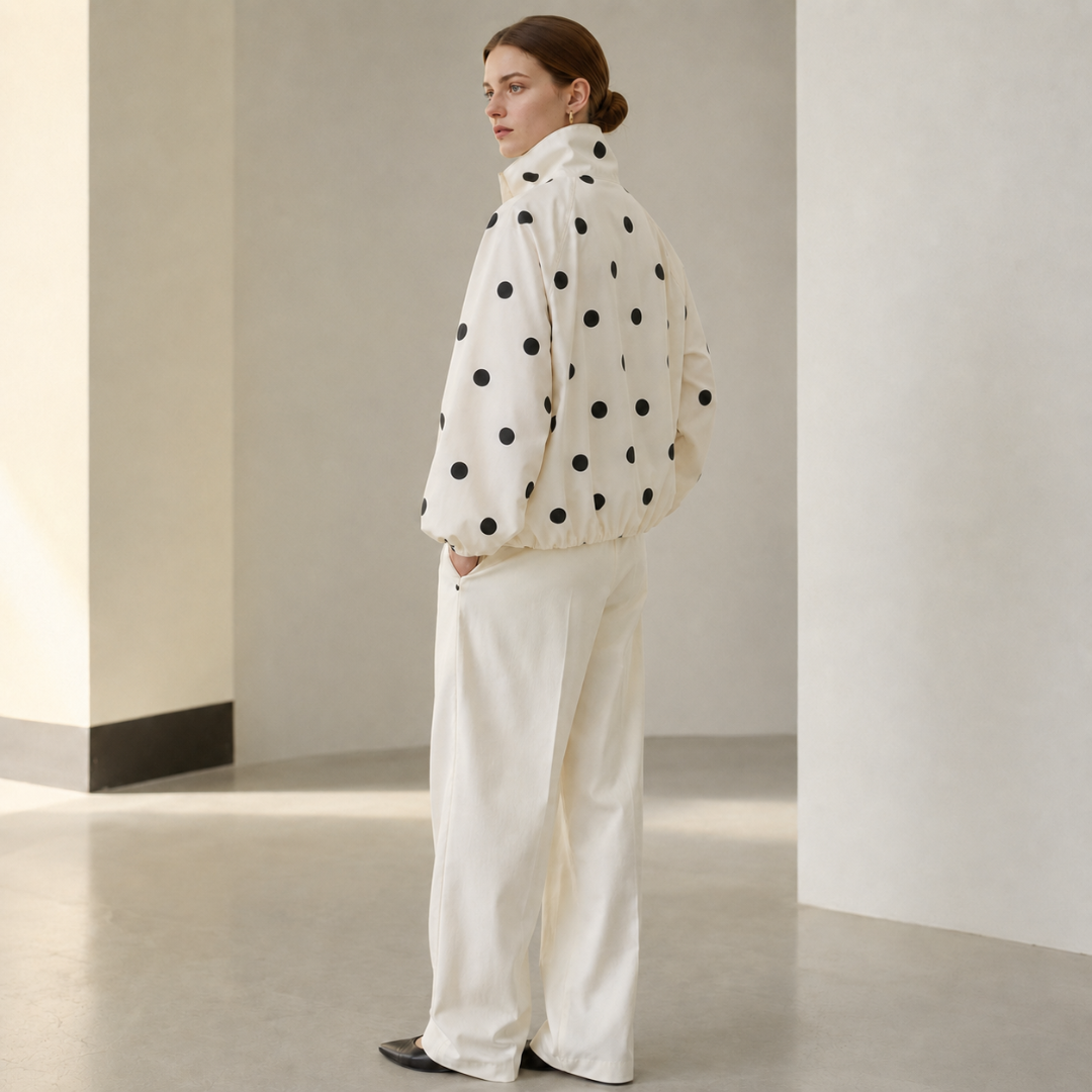 Dos de la veste à pois, épaules amples et bas élastiqué, pantalon large clair