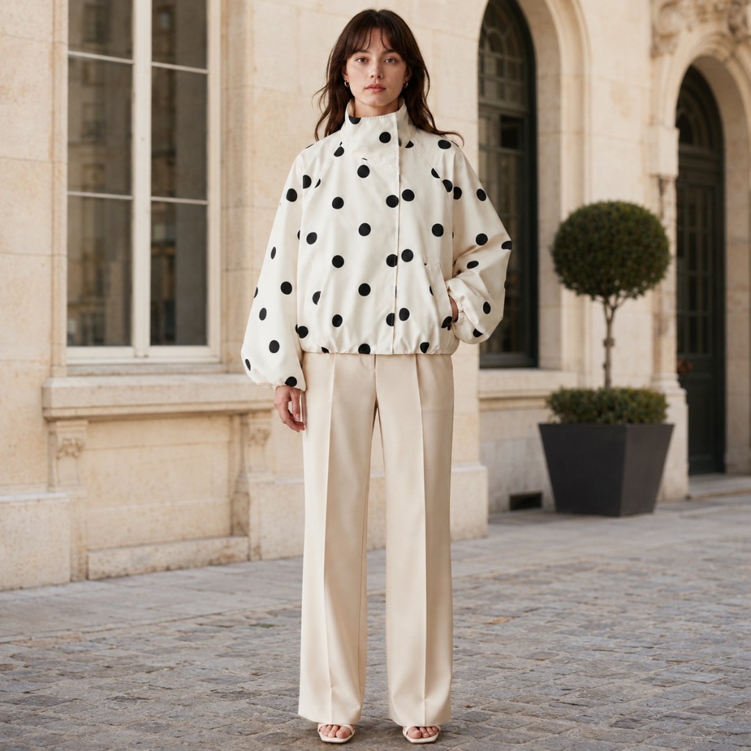 Silhouette de face avec veste à pois oversize et pantalon large beige