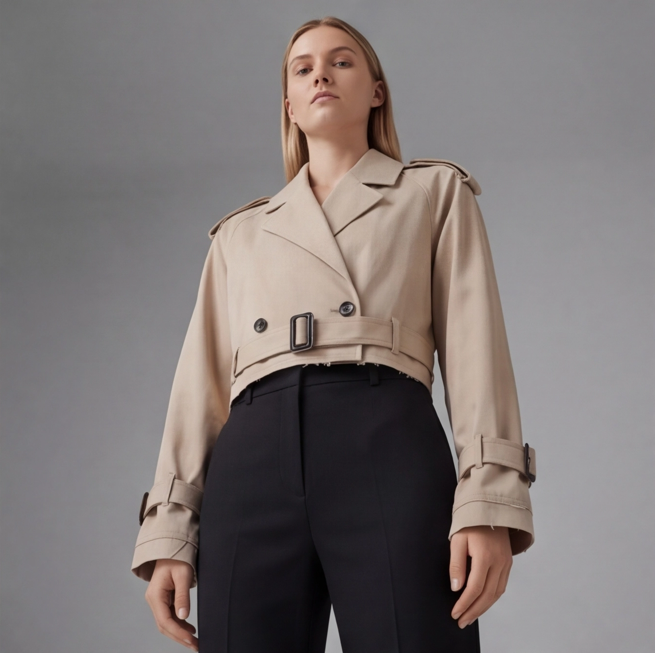Trench court femme beige, vue de profil