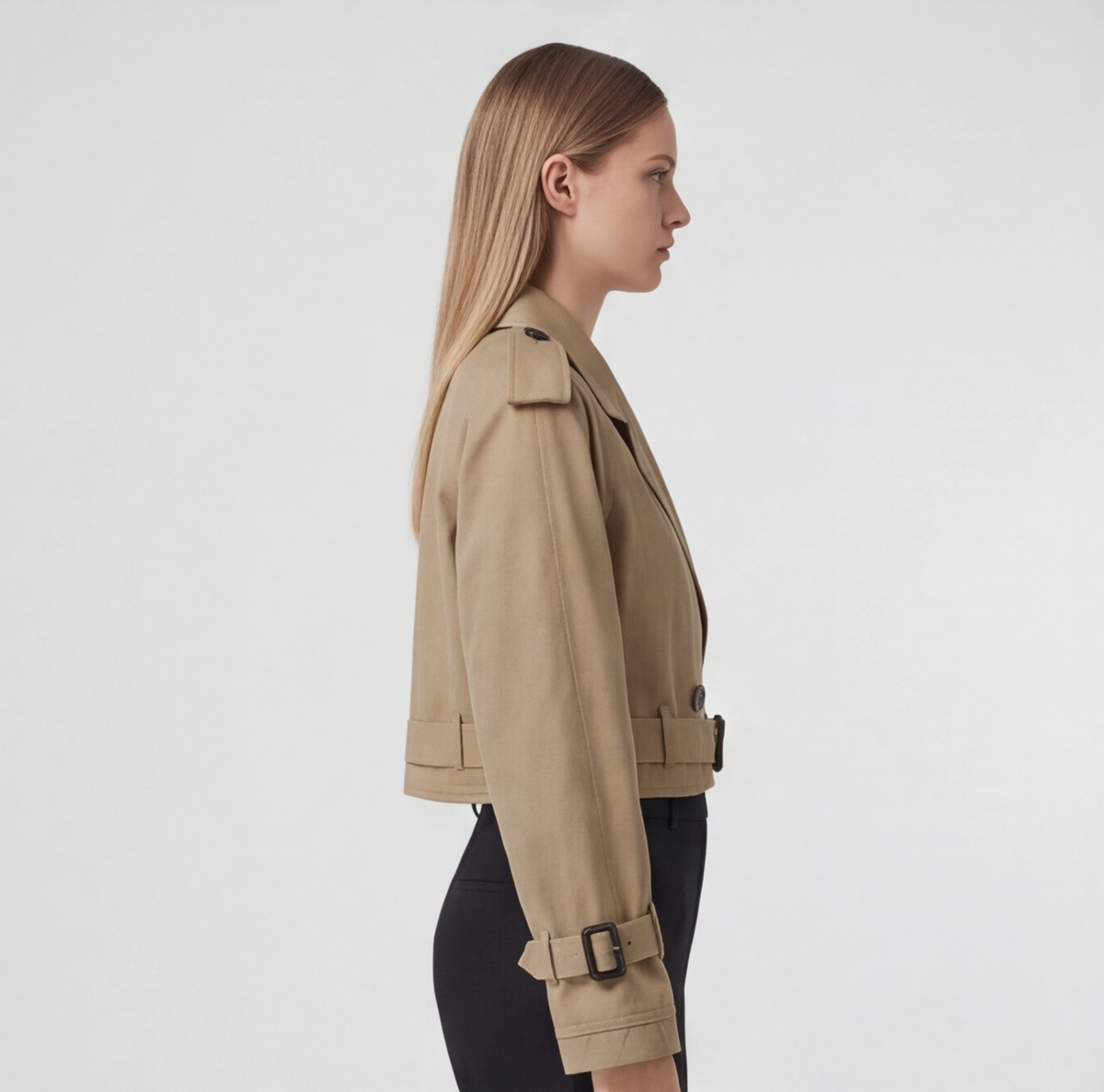 Détail encolure et col du trench court khaki